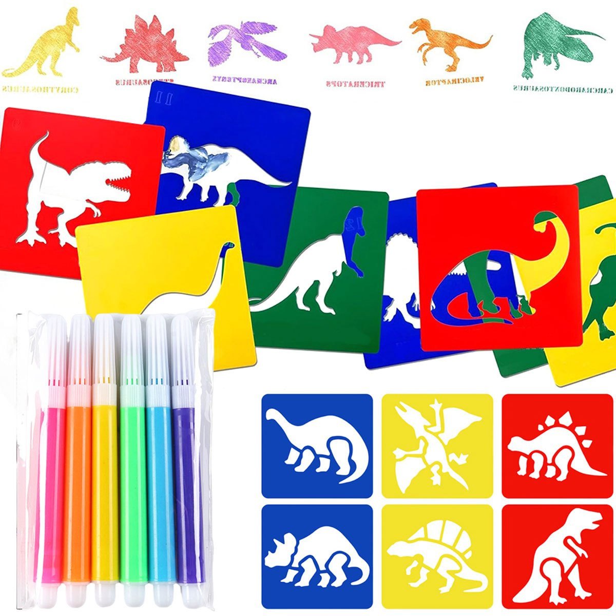 6Pcs 미니 마커가있는 6Pcs 공룡 그림 스텐실 세 - Art Craft Dinosaurs 리뷰 및 가격